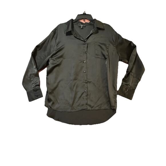 Women’s Black Silk Like Blouse Lulus L Long Sleeve Collored Button - Picture 1 of 5